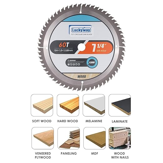 Luckyway 7-1/4 Inch Circular Saw Blade 60T Finish with 5/8 Inch Arbor TCT (Tungsten Carbide Tipped) Saw Blade for Cutting Wood