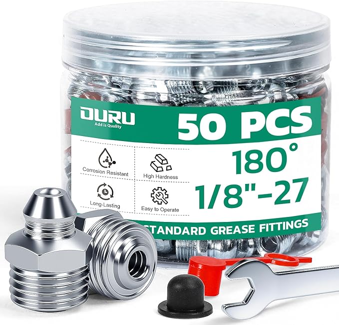 50PCS 1/8"-27 Grease Fittings Kit, SAE Zerk Grease Fittings Straight with Grease Fitting Caps & Wrench Kit(11mm) for Grease Gun