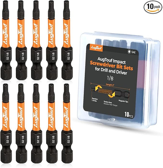 toolant 1/8" Impact Hex Bits Set 10pcs, 1/4” Hex-Shank Allen Wrench Drill Bit Set,S2 Steel, CNC Machined Tips with Magnetism, 2” Long with Storage Box