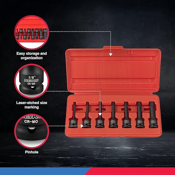 NEIKO 01130B 3/8" Drive Allen Socket Set, 7 Piece, 3 Inch, 3/8??Impact Hex Bit Socket Set, Metric Hex Driver 4 mm to 12 mm, Chrome-Moly Cr-Mo Impact Grade