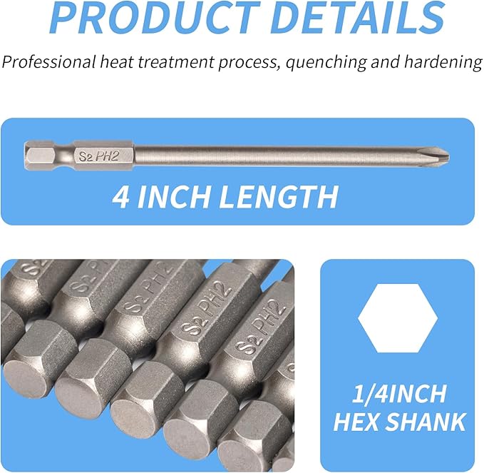 Long Screwdriver Bit Set, 10 PCS Magnetic Slotted Phillips Drill Bit Set, 1/4 Inch Hex Shank 4 Inch/100 mm, S2 Steel for Power Screwdriver Drill Impact Driver