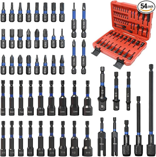 54-Piece Magnetic Nut Driver Set, Impact Drill Driver Bit 1/4", Metric & SAE Nut Drivers for Impact Drill, Socket Adapters, Screwdriver Bit, Quick-Release Extension, Wing Nut Driver, Storage Box