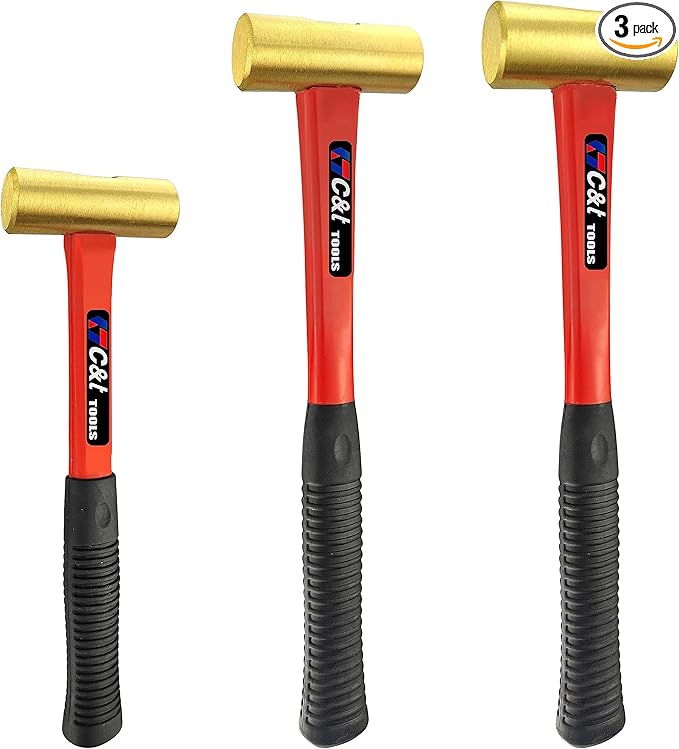 C&T 3-Piece Hammer Set, Jacketed Fiberglass Solid Brass Non-Sparking Hammers, 16, 24, 32oz, Non-Marring