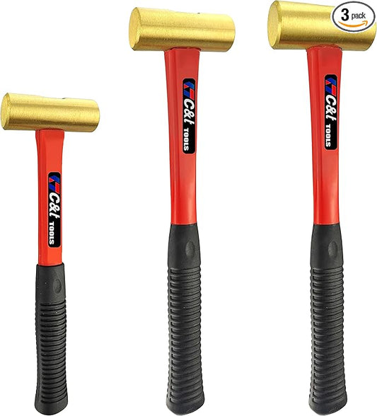 C&T 3-Piece Hammer Set, Jacketed Fiberglass Solid Brass Non-Sparking Hammers, 16, 24, 32oz, Non-Marring