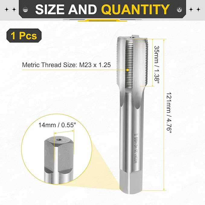 uxcell Hand Plug Tap M23 x 1.25 H2 Metric Thread Plug Style Taps Straight Flute Screw Tapping Threading Tool High Speed Steel HSS6542