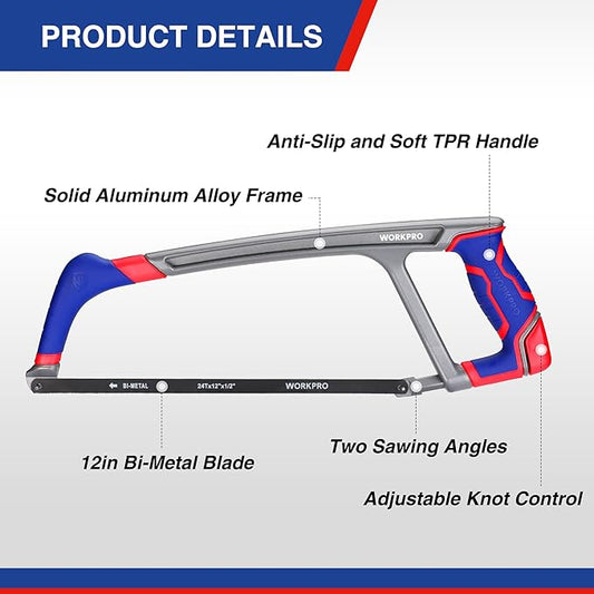 WORKPRO 12-inch Hacksaw with Extra 2 Bi-Metal Saw Blades, Heavy Duty Adjustable 45/90 Angle Saw for Metal, Wood, PVC Pipes