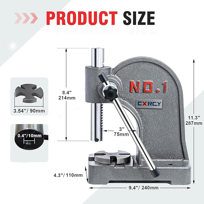 CXRCY Arbor Press 1 Ton Round Ram, Cast Iron Heavy duty Upgraded Manual Arbor Press 1 Ton, 5.5" Maximum Height, Desktop Arbor Press, Metal Punch Press Machine for Stamping Bending Forming Stretching