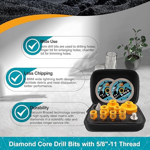 Diamond Tile Hole Saw Kit 12pcs - 6/8/10/25/35/50/65mm Core Drill Bits,10mm Milling Bit and 2" Chamfer Bit with Hex Adapter and 4.5" 2pcs Diamond Blade and for Tile Porcelain Marble