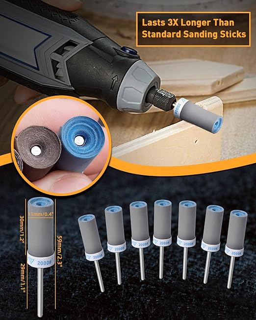 10Pcs 2000 Grit Sanding Drums Sandpaper Sticks Set for Dremel Rotary Tool with 1/8" Shank, Rotary Tool Accessories Suitable for Metal Rust Removal/Jade Polishing/Stone Grinding (2000 Grit)