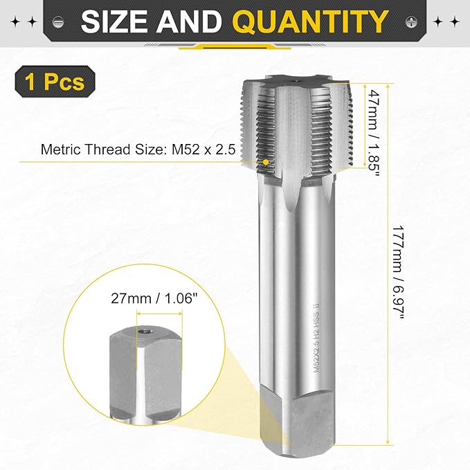 uxcell Hand Plug Tap M52 x 2.5 H2 Metric Thread Plug Style Taps Straight Flute Screw Tapping Threading Tool High Speed Steel HSS6542