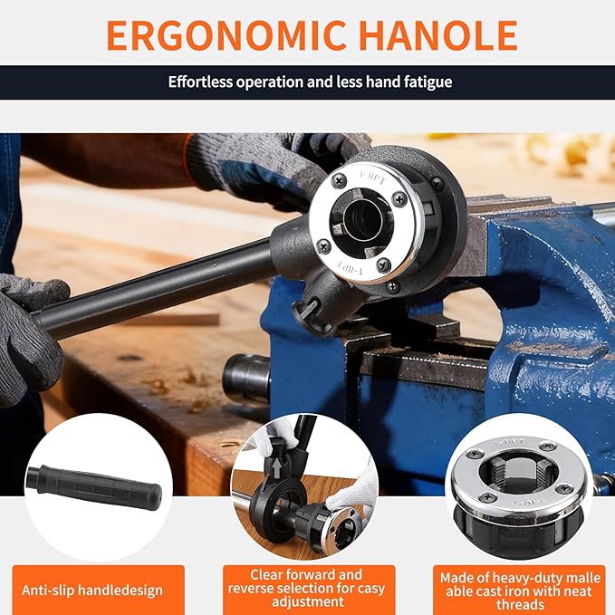 GQGP Ratchet Pipe Threader Kit, Plumber Pipe Threading Set, Portable Pipe Die Tool with 3 NPT Dies 1/2" NPT, 3/4" NPT 1" NPT Storage Case for Galvanized Steel Iron Copper Aluminum Pipes