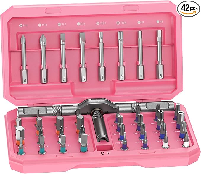 Professional 42 in 1 Magnetic Screwdriver Tool Kit Multi Functional Precision Bits for PC, Camera, Smartphone, Furniture, Bike – Ideal for Electronics & Home Repairs Pink