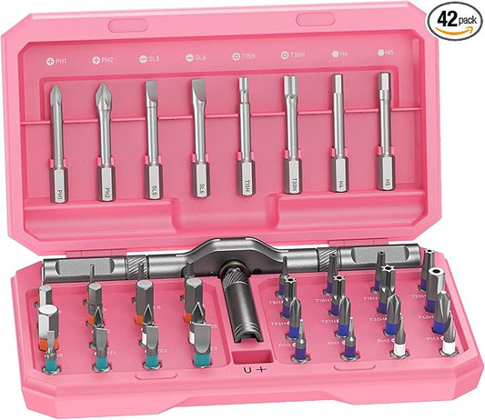 Professional 42 in 1 Magnetic Screwdriver Tool Kit Multi Functional Precision Bits for PC, Camera, Smartphone, Furniture, Bike – Ideal for Electronics & Home Repairs Pink