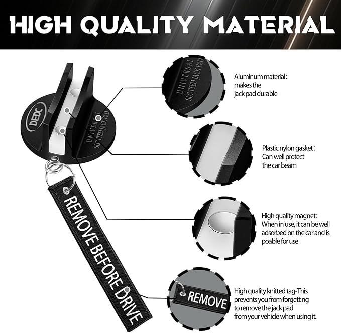 DEDC Universal Pinch Weld Jack Pad 2 Pcs Black, Magnetic Aluminum Jacking Puck Frame Rail Protecotr with 2 Reminder Streamers, Garage Accessories for Mechanics