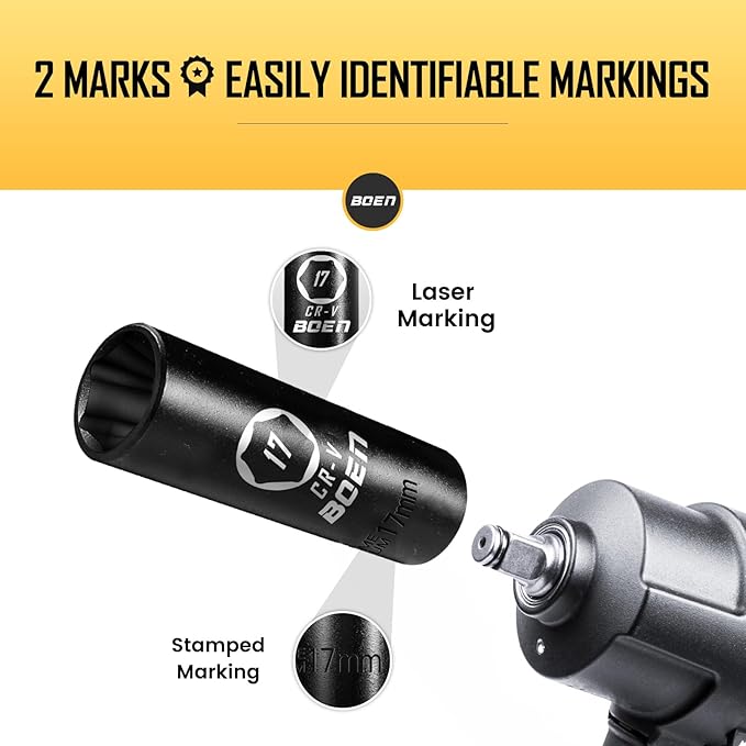 BOEN 1/2" Drive Deep Impact Socket,17mm Premium Socket,Metric,6 Point,Cr-V Steel with Laser Marking - Strong and Durable