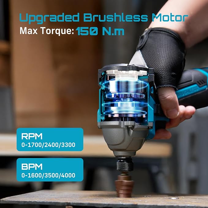 SEESII 16.8V Impact Driver Kit, 1/4" Hex Cordless Impact Driver Set & 2횞2.0Ah Batteries, 150N.m Max Torque(1327 In-lbs) Brushless Power Impact Driver w/ 16Pcs Drill Bits, 0-3300RPM Variable Speed