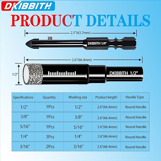 DKIBBITH 10 Pack Dry Diamond Drill Bits & Tile Drill Bit Set for Ceramic, Porcelain, Marble, Granite, Stone, Glass - Round Shank 3/16"(x2), 1/4"(x3), 5/16", 3/8", 1/2"+2Pack Masonry Drill Bits1/4