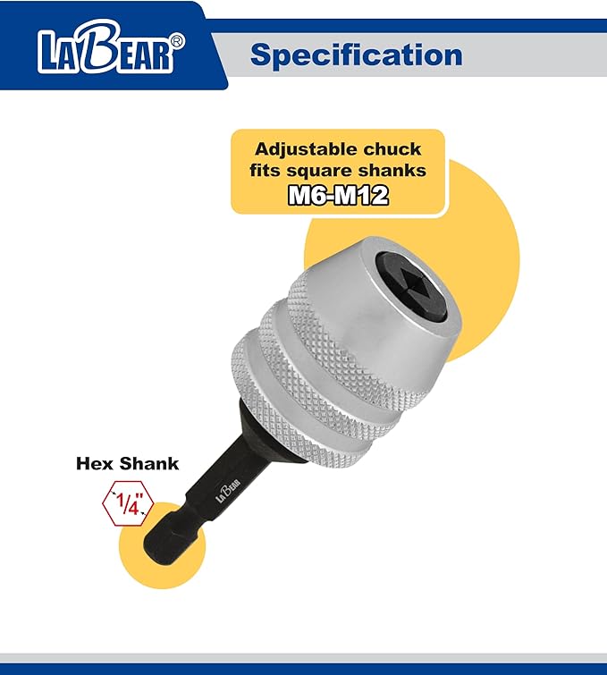 LABEAR Adjustable Tap Chuck M6?밠12, Keyless Quick Change Tap Holder, 1/4" Hex Shank Tap Adapter for Drill Driver, Cr-V Steel Heavy Duty Threading Tool for Auto Repair & Metalworking