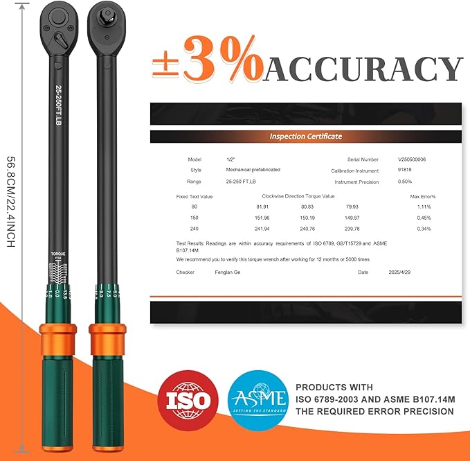1/2-Inch Drive Click Torque Wrench, 25-250 Ft.Lb, 72-Tooth Dual-Direction Adjustable Torque Wrench, 짹3% High Precision for Car, Truck, Tractor, Heavy Machinery Maintenance