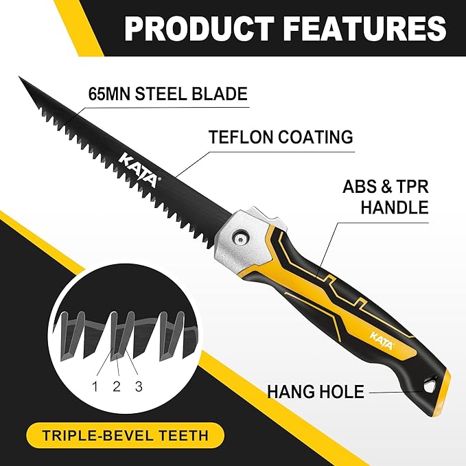 KATA Folding Jab Drywall Saw - Compact Hand Saw, Keyhole Sheetrock Opener with Soft Handle, 7TPI Triple Teeth 65Mn Steel Sharp Blade Hacksaw with Canvas Bag for Wallboard, Plywood, PVC Cutting