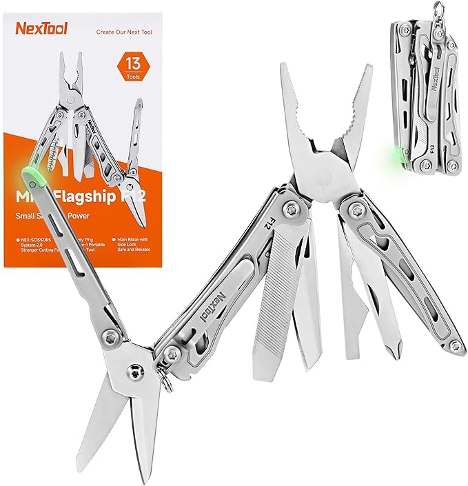 NexTool F12 Mini Multitool, 13-in-1 Keychain Multitool with Serrated Scissors, File and Safety Lock, Upgraded 80Cr14Mov Steel Multi Tool for EDC, Outdoor Adventures and DIY, Gifts for Men