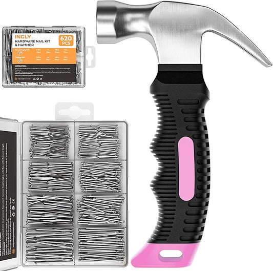 INCLY 620 PCS Small Nails for Hanging Pictures Assortment Kit with 8oz Pink Small Hammer, Mini Hammer Set with Hardware Nails Assorted Set 310 Wall Nails & 310 Finish Nails for Installing with Case