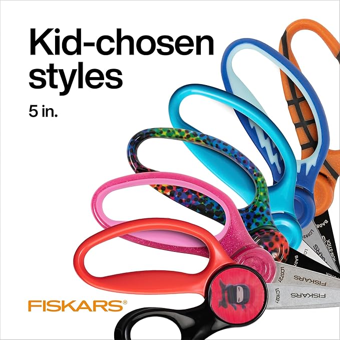 Fiskars 5" Blunt-Tip Scissors Classpack for Kids Ages 4-7 (12-Pack), Kids Scissors for School or Crafting, Back to School Supplies, Assorted Colors