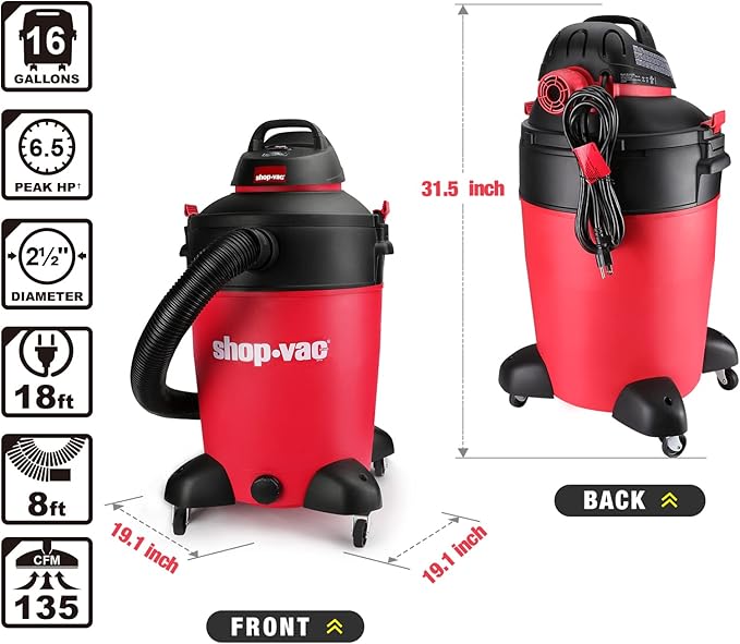 Shop-Vac 5983389 Wet/Dry Vacuum Cleaner, 16 Gallon, 6.5 Peak HP, 2.50 Inch Diameter x 8 Foot Hose, 18 Foot Cord, Ideal for Jobsite, Garage & Workshop