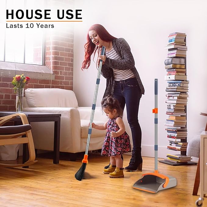 2-Pack is More economical竊똗pgraded Upright Broom and Dustpan Combo with 52" Long Handle, Dustpan Teeth with self-Cleaning Function, Indoor and Outdoor Sweeping, Perfect for Home Office.