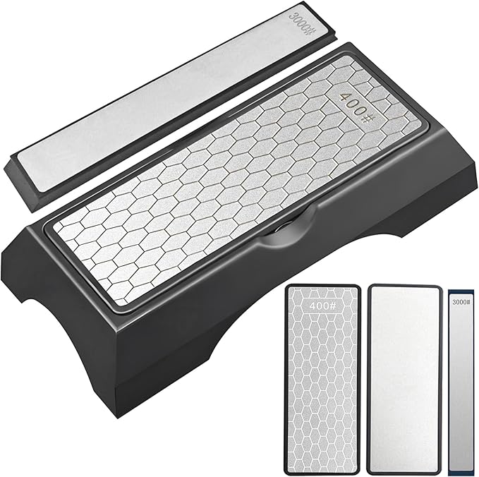 Diamond Sharpening Stone Set, Knife Sharpener Stone, Double-sided Coarse 400 / Fine 1000# | Extra Fine 3000 Grit, 2 Sizes Whetstone Tool with Non-Slip Base, Diamond Plate Honing Stone, Hone Sharpener