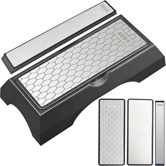 Diamond Sharpening Stone Set, Knife Sharpener Stone, Double-sided Coarse 400 / Fine 1000# | Extra Fine 3000 Grit, 2 Sizes Whetstone Tool with Non-Slip Base, Diamond Plate Honing Stone, Hone Sharpener