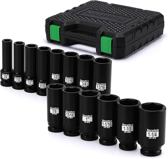 14PCS 1/2" Deep Drive Impact Socket Set, 6-Point, SAE (3/8" to 1-1/4"), CR-MO Steel, With a Storage Case
