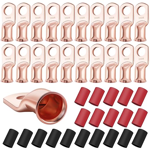 XHF 20PCS 1 AWG-3/8 Heavy Duty Battery Lugs with 3:1 Heat Shrink Tubing, Ring Terminals Battery Cable Ends Copper Eyelets Electrical Battery Connectors