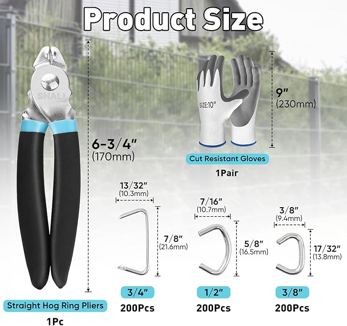 SHALL Bent Hog Ring Pliers Kit with 600pcs Galvanized Hog Rings (3/8?쇺? 1/2?쇺? 3/4?쇺? for Upholstery, Fence, Animal Pet Cages, Bungee Cords, Bagging, Protective Gloves, Storage Case & Bag Included