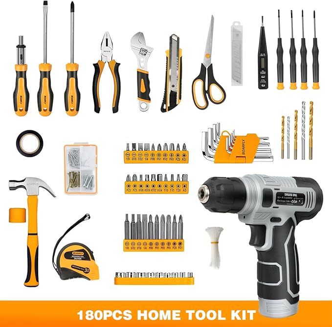 Upgradd 180 Piece Tool Set - Tool Box with 8V Cordless Drill, Hand Drill Set for Men & Women, Home Tool Kit with Hand Tools for House Repair, DIYers, Homeowners & Handymen