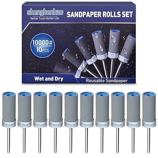 10Pcs 10000 Grit Sanding Drums Sandpaper Sticks Set for Dremel Rotary Tool with 1/8" Shank Sanding Bits Kit Rotary Tool Accessories Suitable for Final Polishing Metal and Jewelry (10000 Grit)
