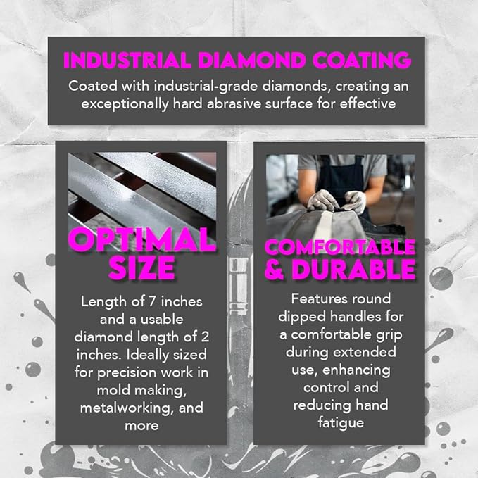 SE 74330DF 6-Piece Flat Diamond Grit File Set - Multi-Grit for Metals, Glass, Stones - 7" Length, 2" Diamond Surface, Round Handles - Includes PVC Pouch