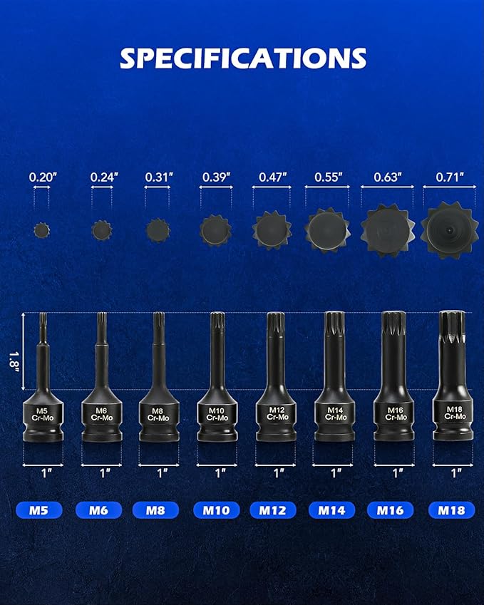 Orion Motor Tech XZN Triple Square Spline Bit Sockets, 8pc 1/2" Drive Impact Triple Square Bit Socket Set with Metric M5 M6 M8 M10 M12 M14 M16 M18 Socket Adapters, Cr-Mo Steel, Storage Case