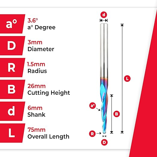 Amana Tool 46286-K-M CNC Spektra Extreme Tool Life Coated SC 2D and 3D Carving 3.6 Deg Tapered Angle Ball Nose x 3mm D x 1.5mm R x 26mm CH x 6mm SHK x 75mm Long x 3 Flute Router Bit