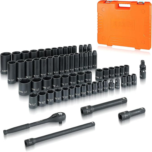 1/2" Drive Master Impact Socket Set, 65 Piece, with Adapters & Ratchet Handle, Standard SAE (3/8"-1-1/4") & Metric (10-24 mm) Sizes, Deep & Shallow Kit, Cr-V Steel, with Molded Case