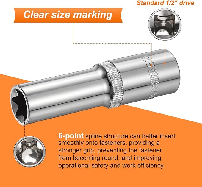 HARFINGTON 2pcs E-Torx Socket 1/2" Drive E16 Star Female Socket 3.1" Length External Torx Deep Sleeve Chrome Plating 6 Point Spline Sleeve for Auto Repairs Home Maintenance