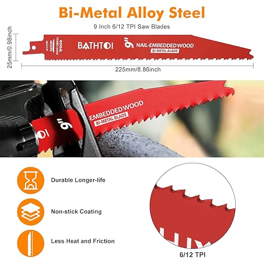 52 Pack 9 Inch 6/12 Tpi Reciprocating Saw Blades for Wood and Nail-Embedded Wood Cutting, Bi-Metal Sawzall Blades with 8% Cobalt for Longer Life and Faster Cutting Speed