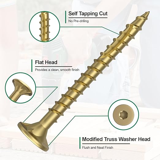 #8 x 1-1/4” Deck Screws, 500Pcs Star Drive Wood Screws, Rust Resistant Timber Screws for Timber/Log/Landscaping Wood, T20 Star Bit Included, Gold