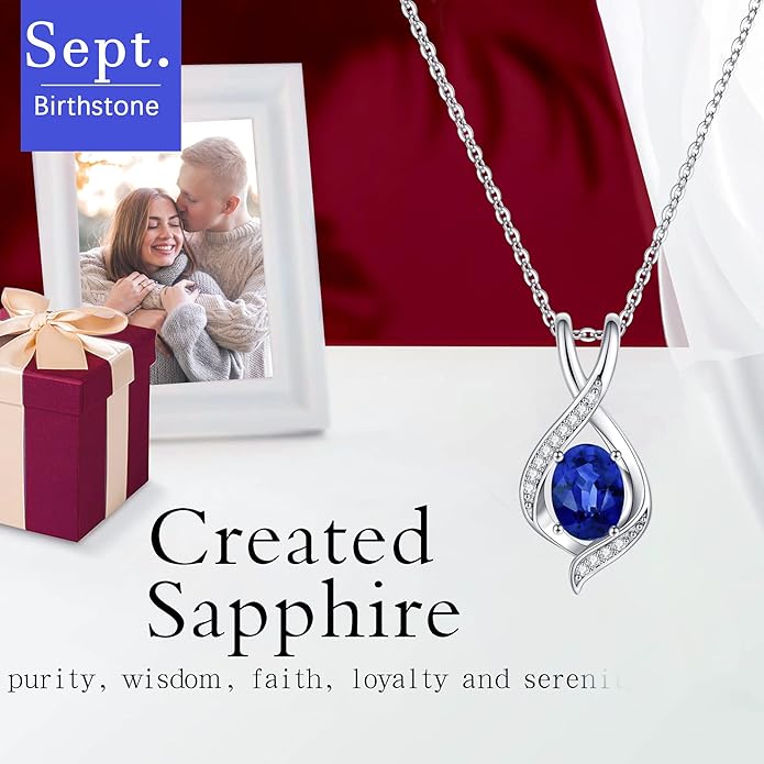 SMILEST Oval Sparkle Birthstone Pendant Necklace, 925 Sterling Silver Gemstone Pendant Anniversary Birthday Gifts for Women Wife Girlfriend Mom Grandma Birthstone Necklace for Women Jewelry Gifts
