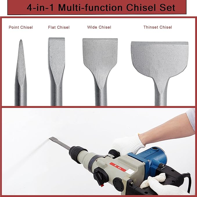 4 pcs SDS Plus Chisel Set, Masonry Concrete Drill Bit Set, Tile Removal Chisel Bits for Rotary Hammer with Point Flat Wide Tile Inclined Grooving Scraping Scaling Chisels