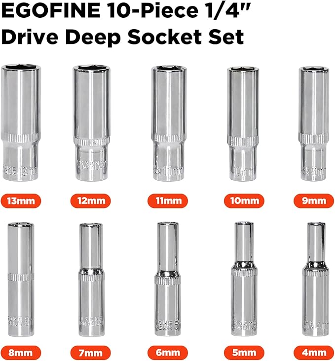 Egofine 10PCS 1/4??Drive Deep Socket Set,Metric Socket Set竊?-13mm,6 Point Socket Set With Hanging Bracket,Cr-V Steel