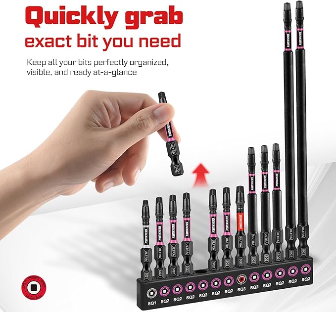 13pcs Impact #1#2#3 Square Screwdriver Bits Set, 2??3??6??(SQ1/SQ2/SQ3) Magnetic S2 Steel Driver Bits Set and 1pc 3??Impact Bit Holder with Color Coded Base