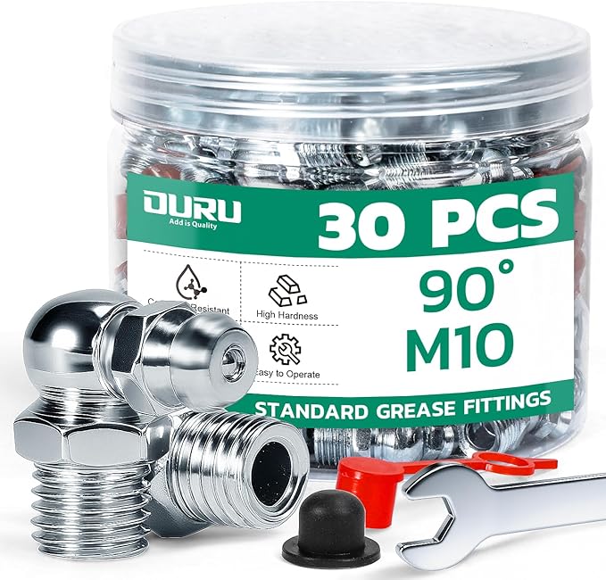 30PCS M10 Grease Fittings Kit, METRIC Zerk Grease Fittings 90 Degree with Grease Fitting Caps & Wrench Kit(10mm) for Grease Gun