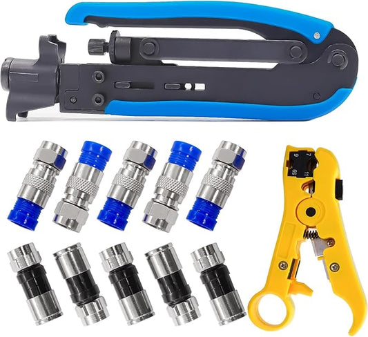 mxuteuk Coax Cable Crimper Kit Adjustable RG6 RG59 RG11 75-5 75-7 Coaxial Compression Tool Fitting Wire Stripper With 10 pcs F Compression Connectors