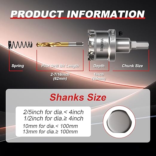 5" (127mm) TCT Carbide Hole Saw Kit for Metal - Heavy Duty Hole Cutter Drill Bits Set with 2 Titanium/Step Pilot Drill Bits & L-Wrench, Cuts Stainless Steel, Iron, Aluminum, Wood, Plastic